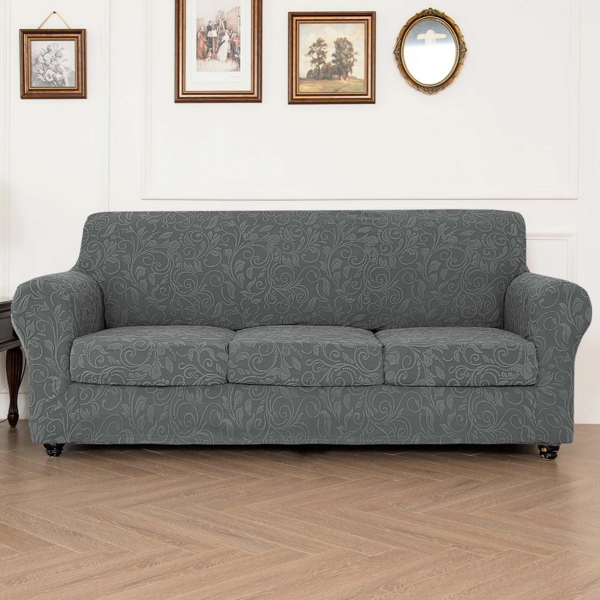 housse canapé gris clair motif floral moderne boutons élégants coussin inclusversible machine
