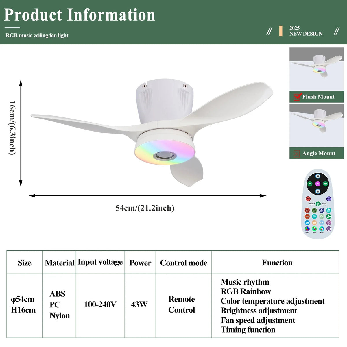 ventilateur lumière rgb télécommande moderne blanc noir led