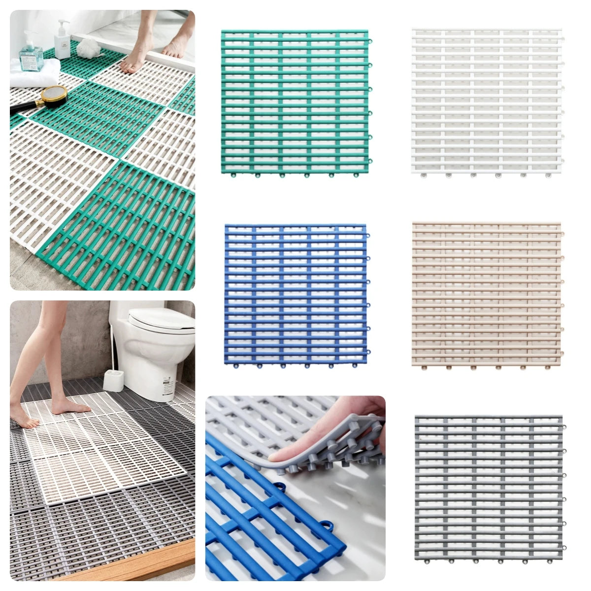 tapis salle bain antidérapant bleu vert blanc gris beige modulable drainant 30cm 30cm