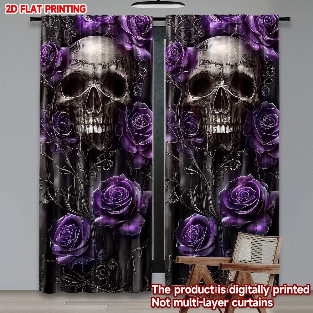 rideau noir violet crâne roses stylisés polyester moderne gothique halloween festif 132x240cm