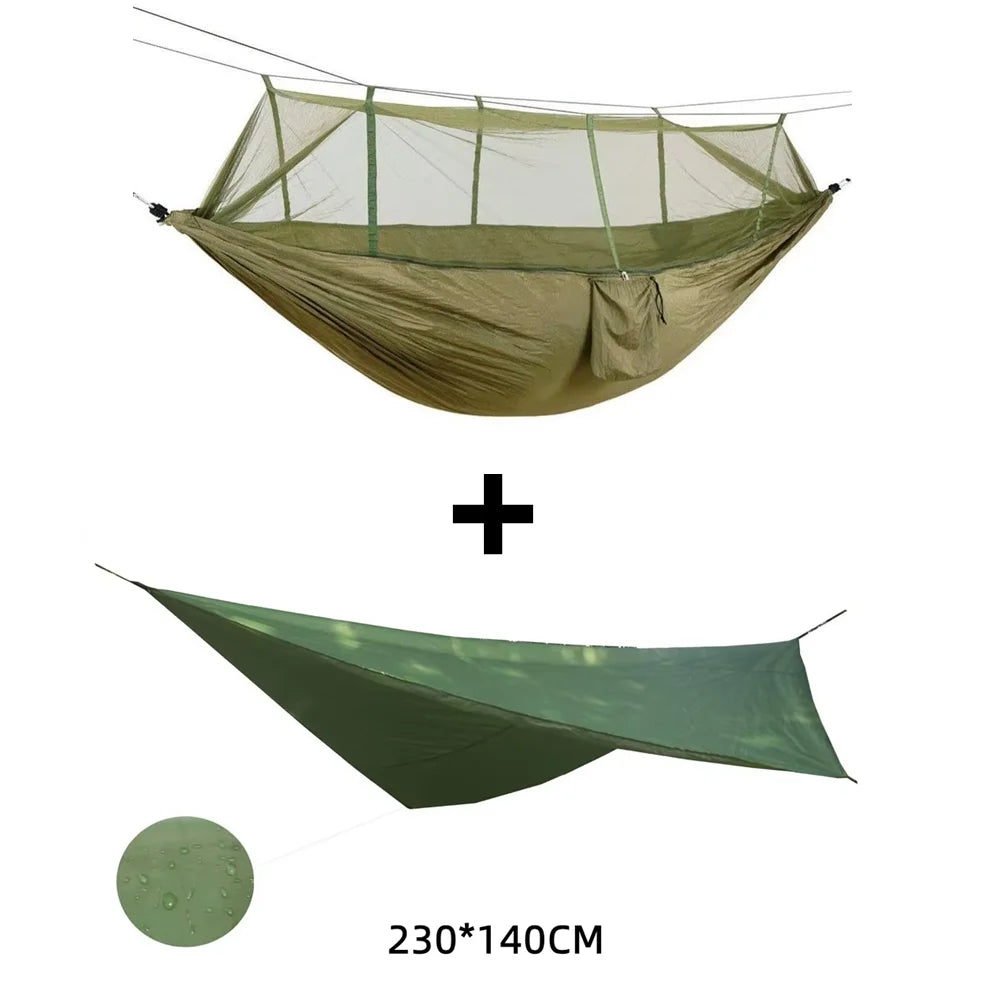 hamac vert olive pratique moustiquaire cordelettes carabiners sac rangementextérieur léger camping