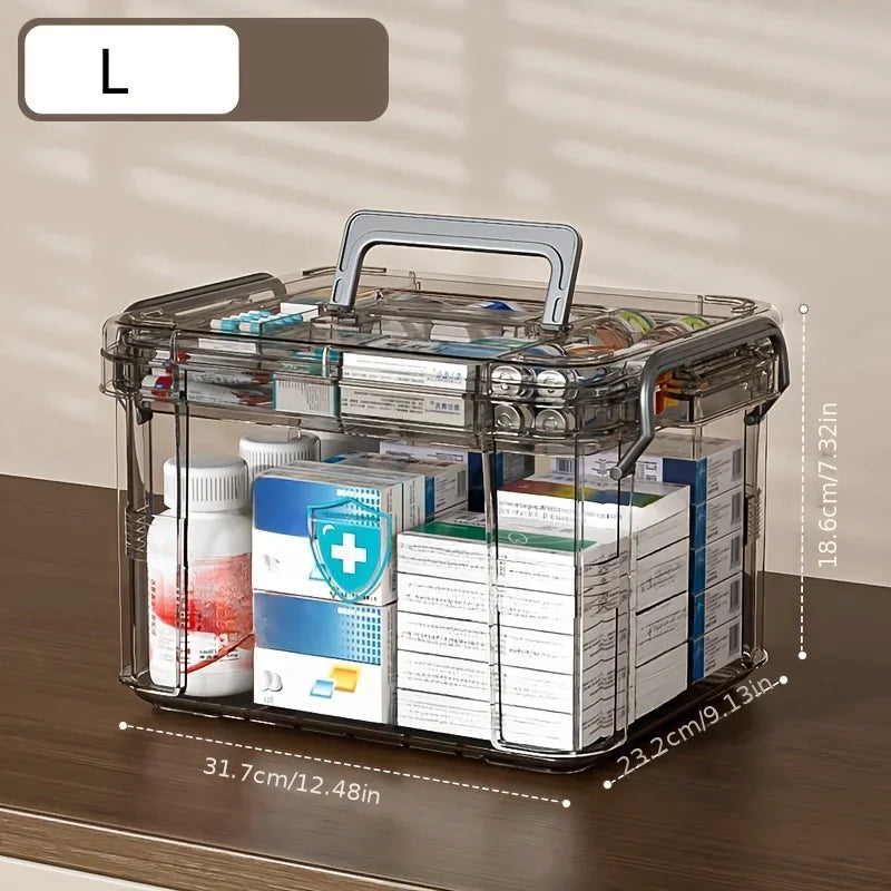 boîte rangement médicaments transparente reutilisable poignée amovible compartiments bouteilles paquets moderne respectueux environnement