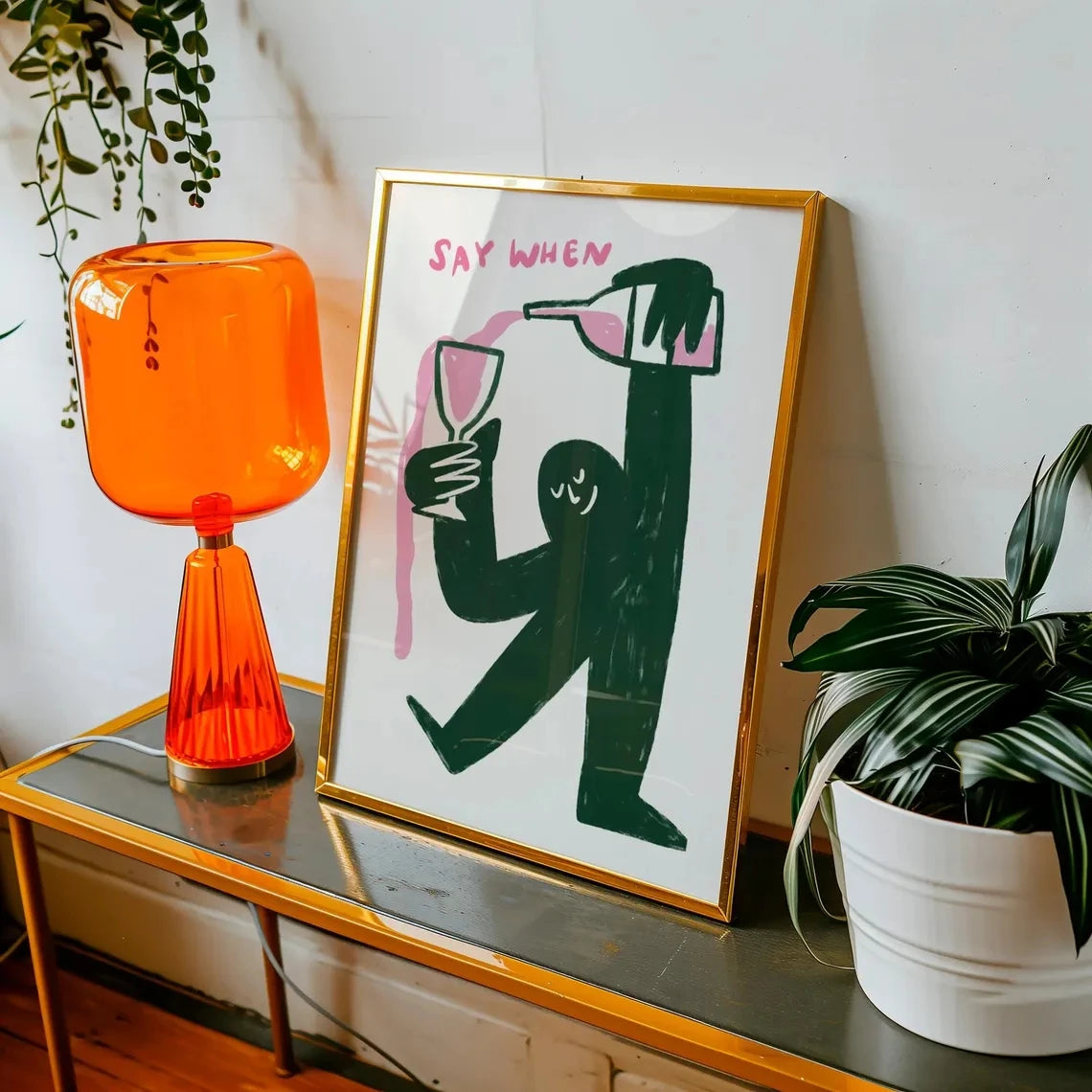 affiche moderne say when vin silhouette verre bouteille minimaliste couleur rose vert blanc