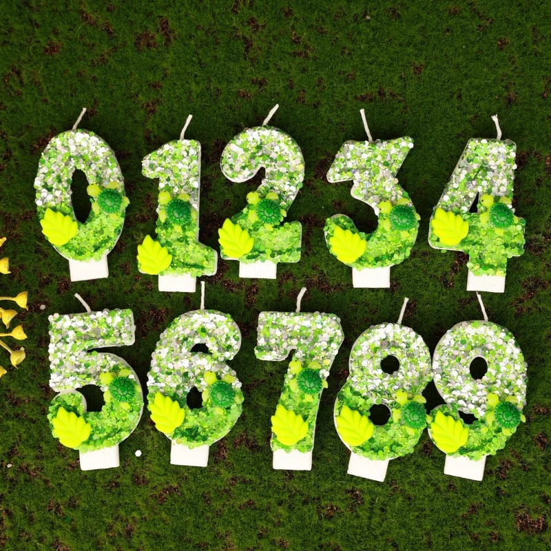 bougies numériques forme chiffres anniversaire verte blanche jaune feuilles