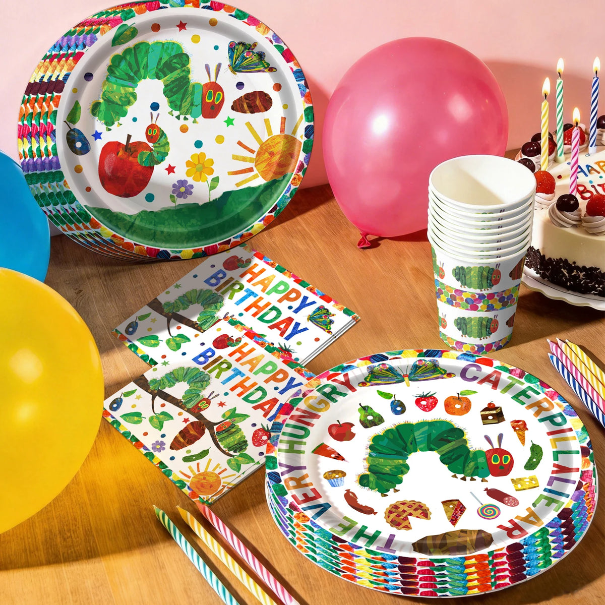 assiettes jetables multicolores dessin animé ver festives happy birthday mariage anniversaire enfants baptême