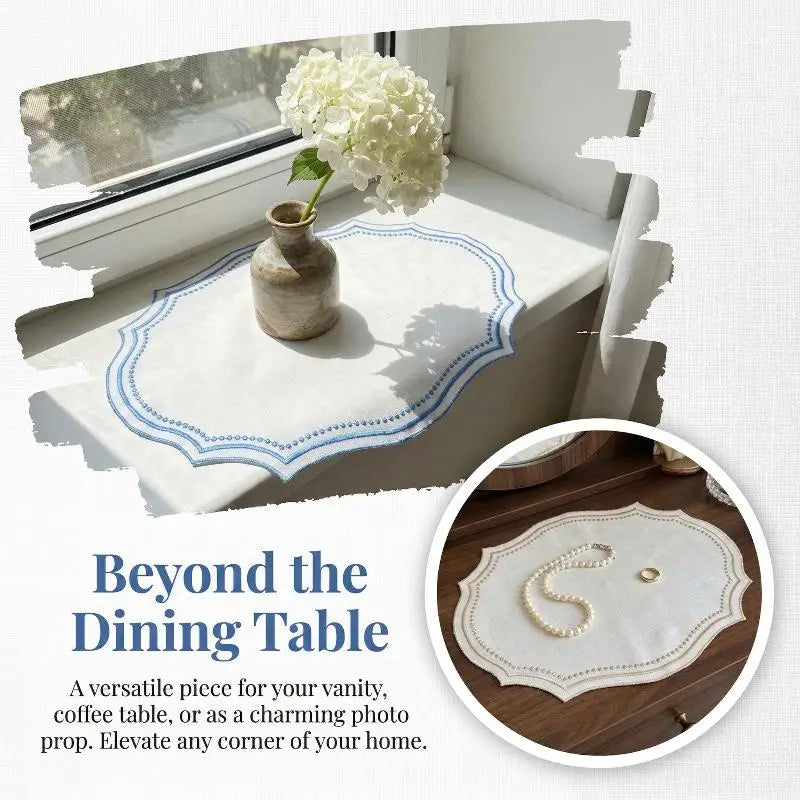 sets table brodés nappe décorative motif géométrique couleur marron bleu blanc rustic chic