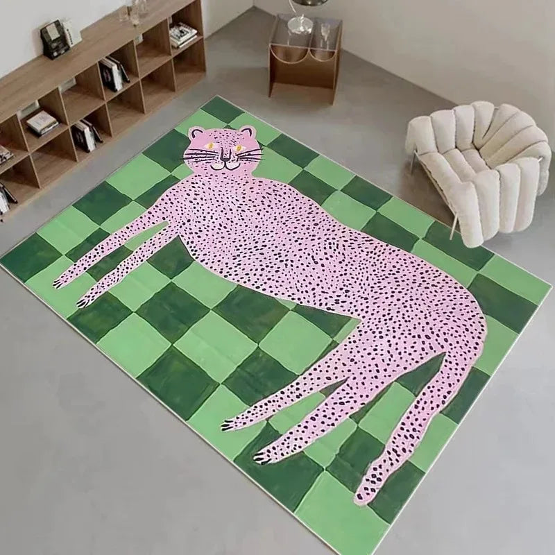 tapis salon chambre moderne motif léopard chat décoratif intérieur polypropylène peluche vert rose noir