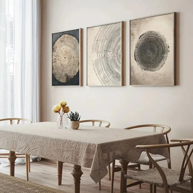 tableaux abstraits minimaliste noir beige gris clair cercles concentriques lignes horizontales toile cadres bois