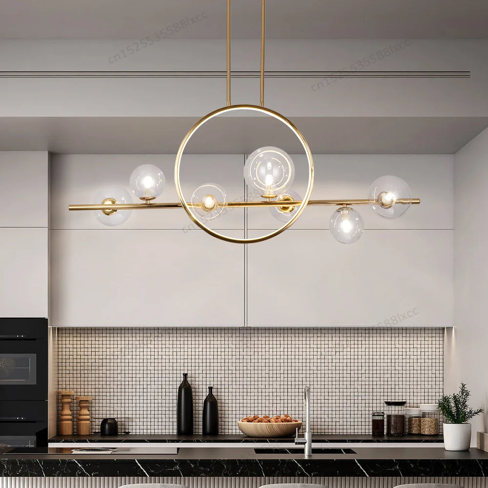suspension lumineuse moderne or boules verre transparentes têtes G9 led chambre cuisine