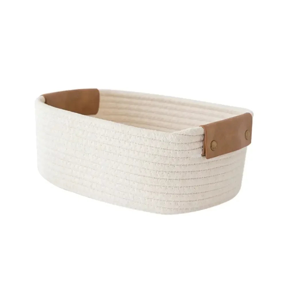paniers rangement tissés main khaki clair blanc modernes rustiques poignées cuir eco friendly