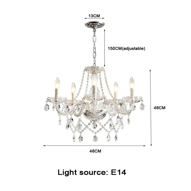 chandelier classique élégant argenté transparent chaîne 48cm diamètre 150cm longueur ampoules led