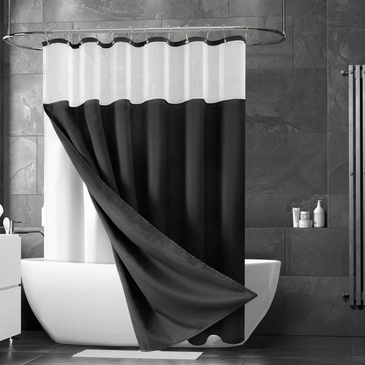rideau douche moderne bleu clair imperméable double couche anneaux inox blanc opaquet gouttes d'eau