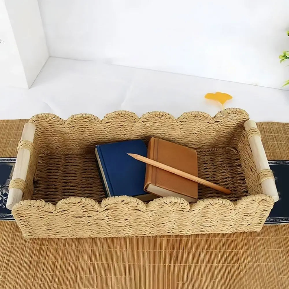 panier tressé rustique poignées bois beige naturel rangement artisanalintérieur décorationobjet