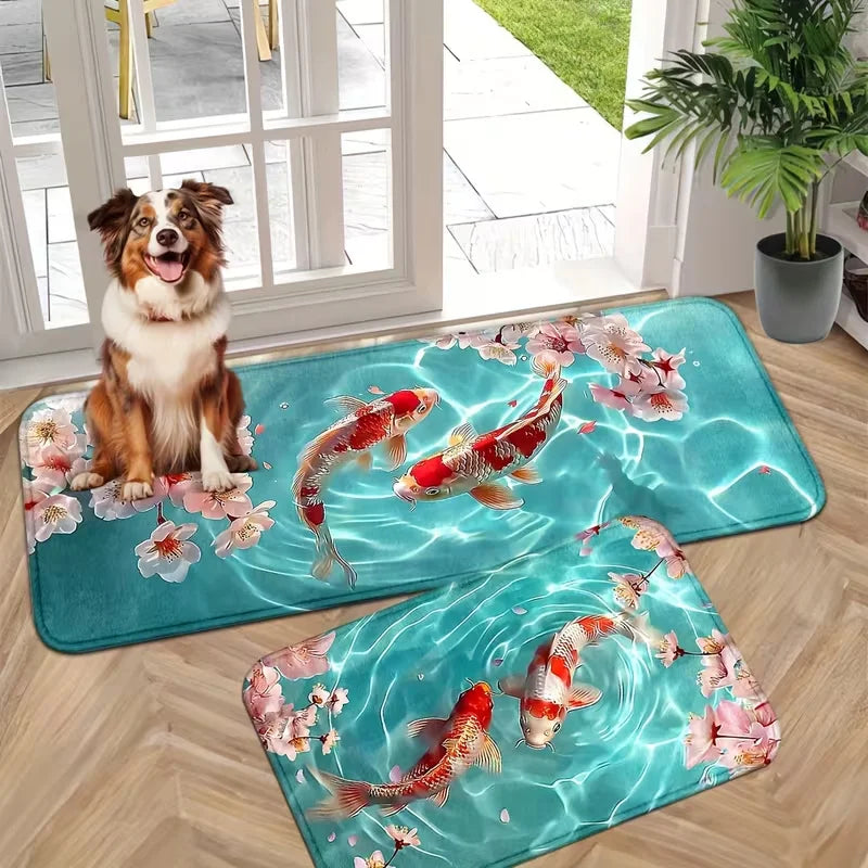 tapis sol antidérapant polyester poissons koi fleurs cerisier moderne bleu rouge blanc rose