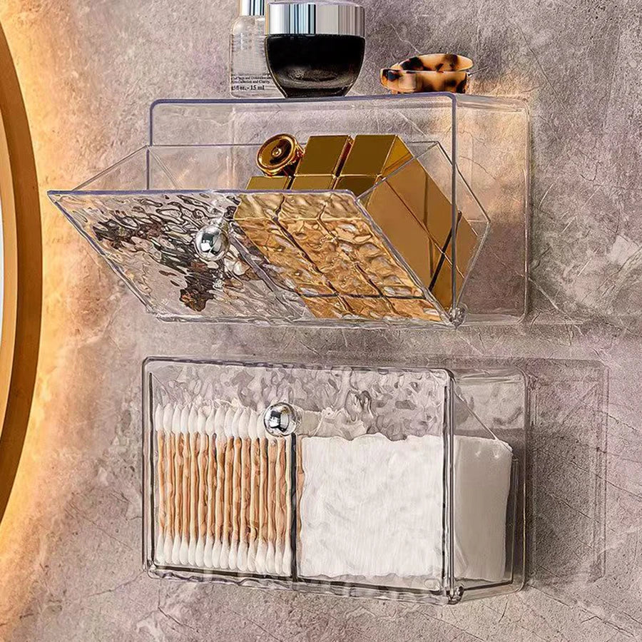 boîtes rangement murales transparentes modernes marbrées trousses maquillage coton tiges serviettes bâtonnets ongles salle