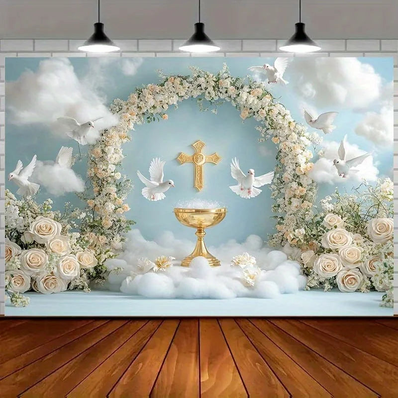 décoration murale mariage calice doré colombes blanches fleurs roses nuages croix festive