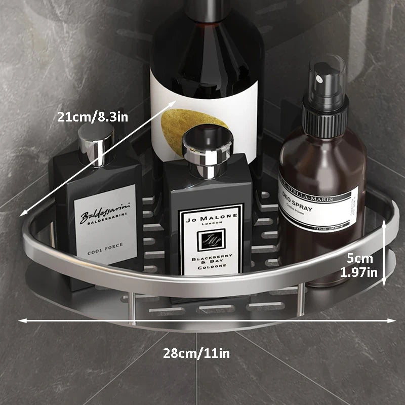 étagère douche adhésive moderne noir mat bouteilles parfum flacons lotions sprays brosses