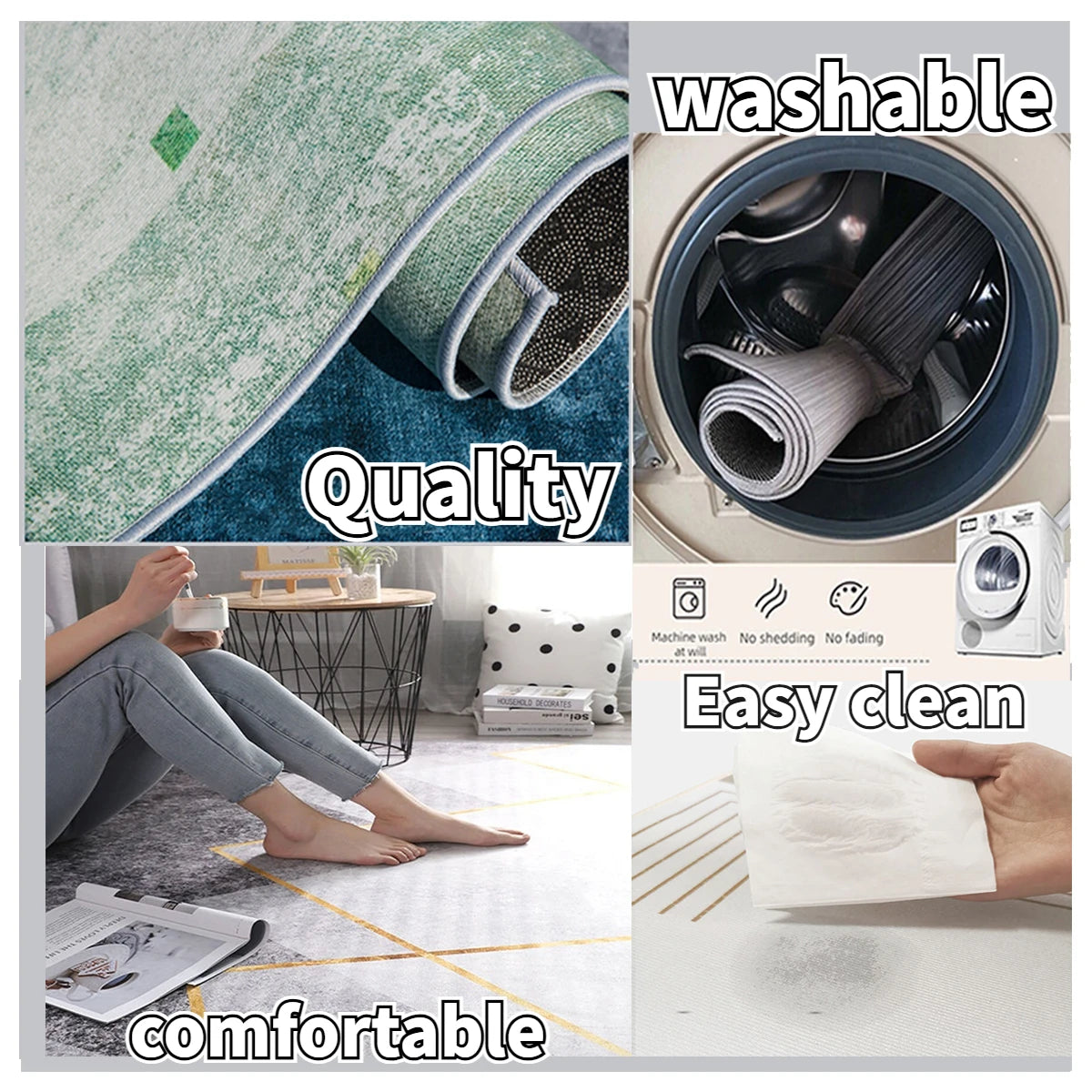 Des textiles de haute qualité, faciles à entretenir et confortables, sont présentés dans cette image. On peut y voir différentes pièces d'ameublement, des accessoires de lavage et des informations sur les propriétés du produit comme le fait qu'il soit lavable.