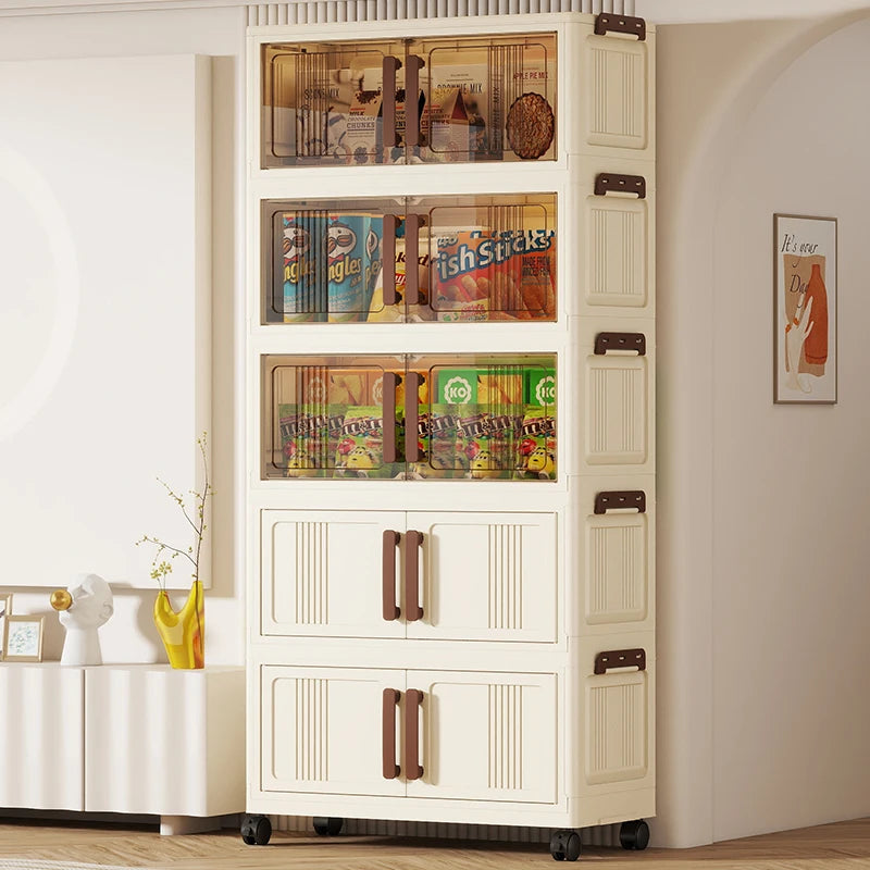 meuble rangement pliable moderne porte transparente rayures verticales beige clair roulettes salon cuisine