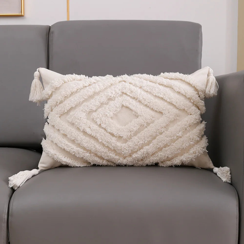 coussin carré géométrique blanc boho chic franges opaques décoration maison voiture