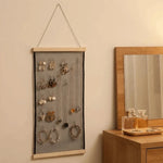 porte bijoux mural bois rustique gris brun clair toile lin multiple utilisation