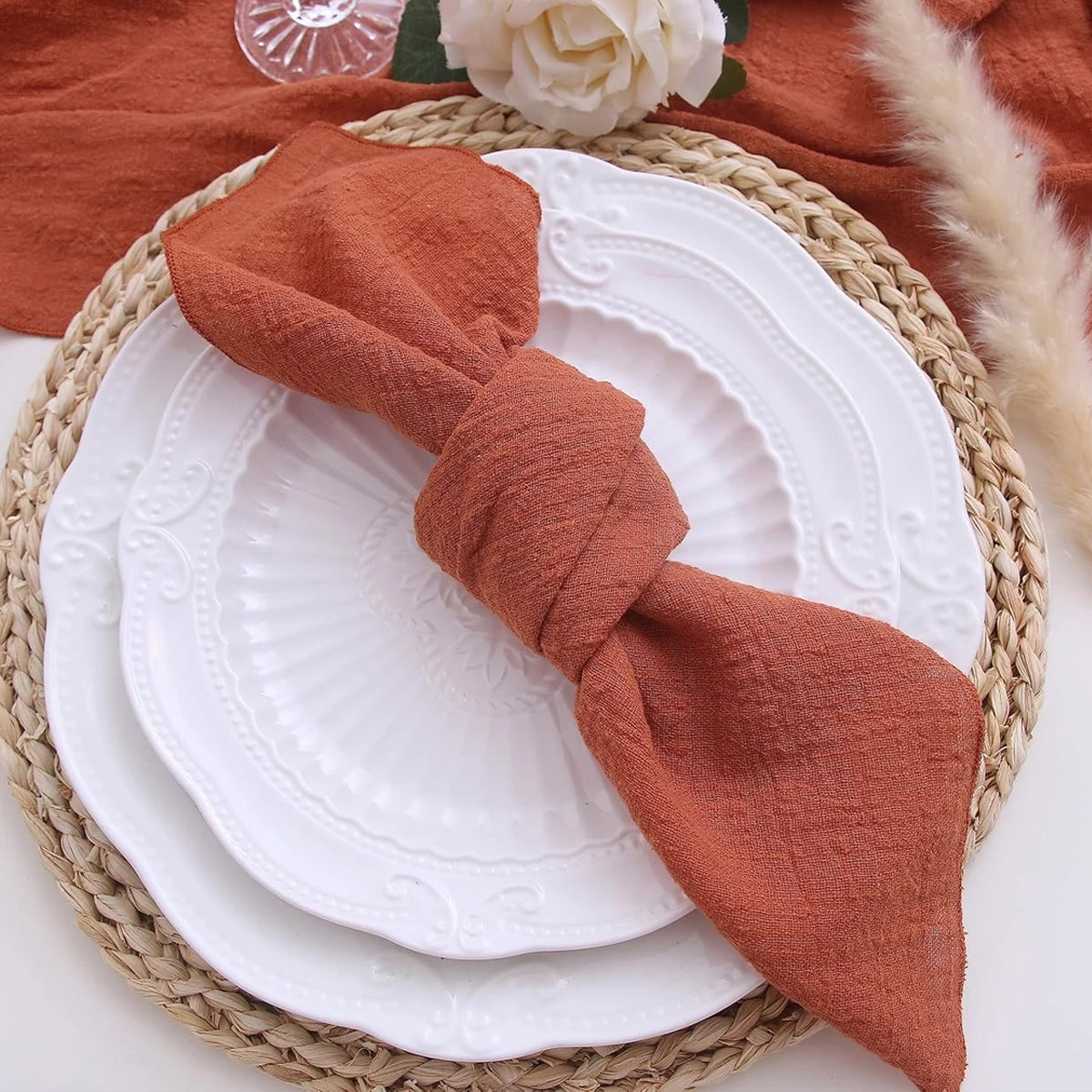 serviettes table orange rustique texture texturée 40x40cm fleurs séchées décoration champêtre