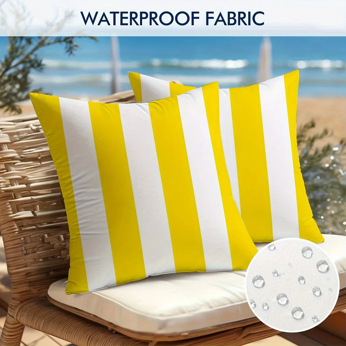 housse coussin imperméable polyester rayé moderne blanc jaune noir bleu marine vert orange