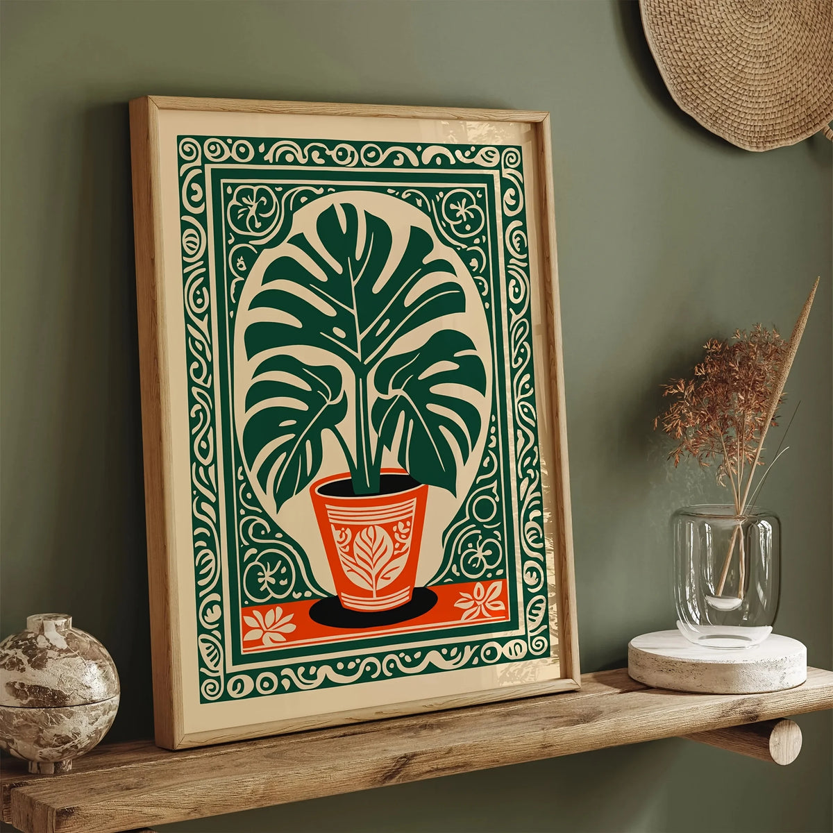 impression botanique toile verte rétro monstera deliciosa plante deco chambre salon(vertical)