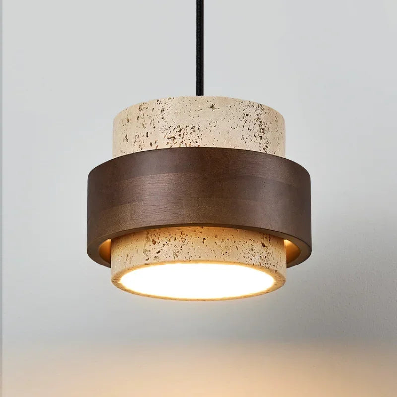 lampe suspendue moderne minimaliste pierre texture naturelle beige brun foncé interrupteur bouton led flux