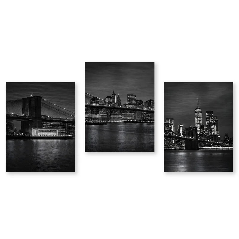 décoration murale triptyque art contemporain noir blanc paysage urbain nocturne york chambre salon