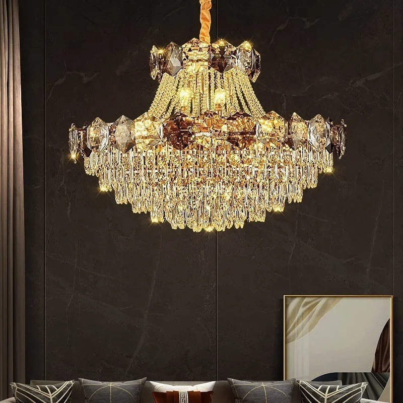 lustre cristal doré moderne grand salon salle manger luxe élégant suspension intérieur