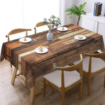 nappe table bois vieilli marron beige rustique vintage rectangle réutilisable polyester modernisée assiettes couverts