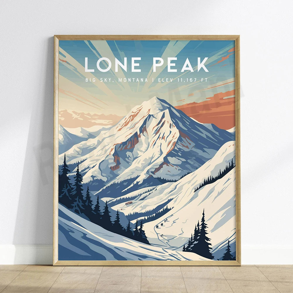 Affiche vintage d'un paysage montagneux enneigé avec le texte "Lone Peak, Big Sky, Montana, Elev. 11,167 ft".