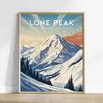 Affiche vintage d'un paysage montagneux enneigé avec le texte "Lone Peak, Big Sky, Montana, Elev. 11,167 ft".