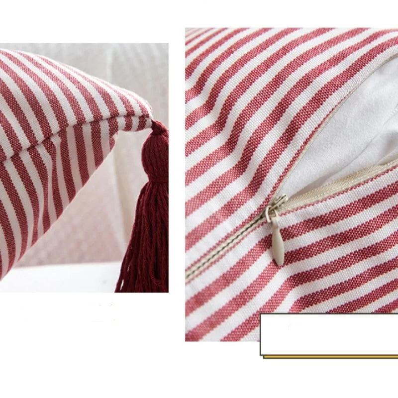housses coussin rayées rouge blanche rustique adhésif tassel polyester carré lit moderne decoration