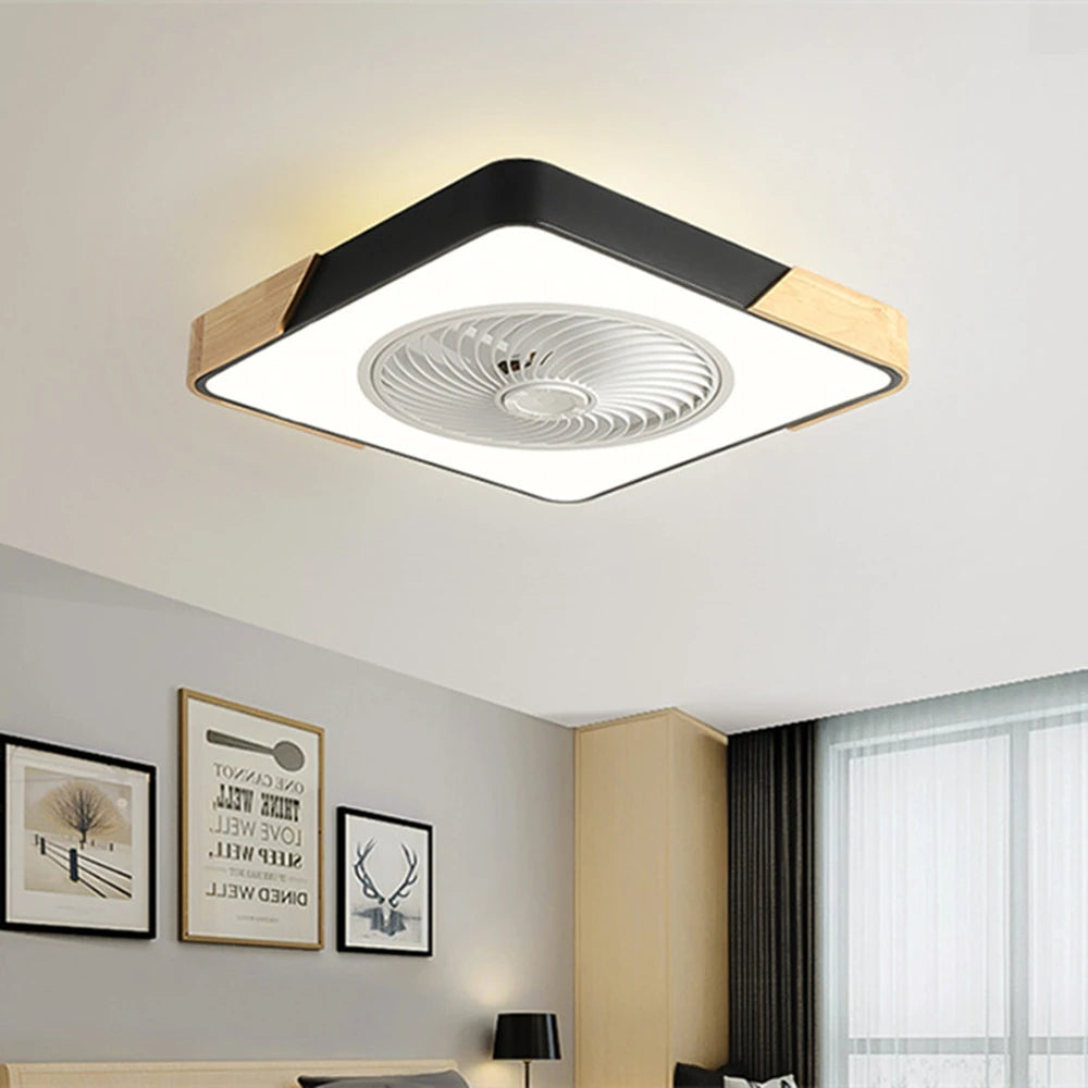 ventilateur led lampe moderne télécommande lames blanches cadre bois minimaliste chambre salon