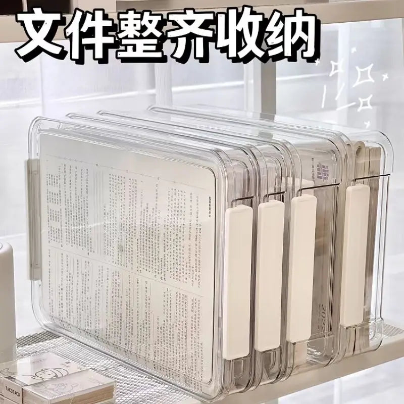 boîtes rangement transparentes empilables poignées blanches modernes documents plastique respectueux environnement