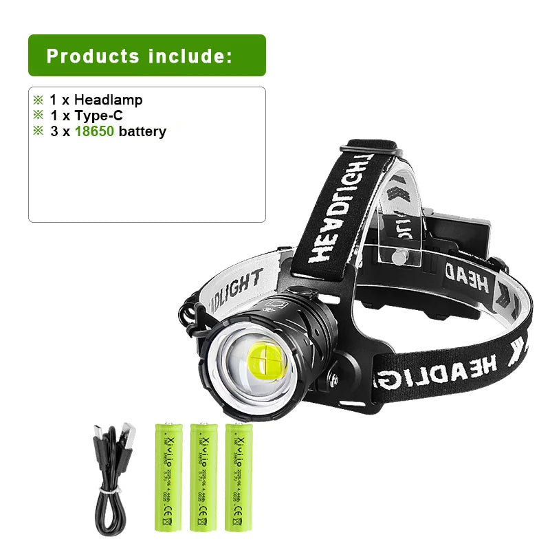 lampe frontale led rechargeable puissante pêche camping exploration headlamp noir adjustable