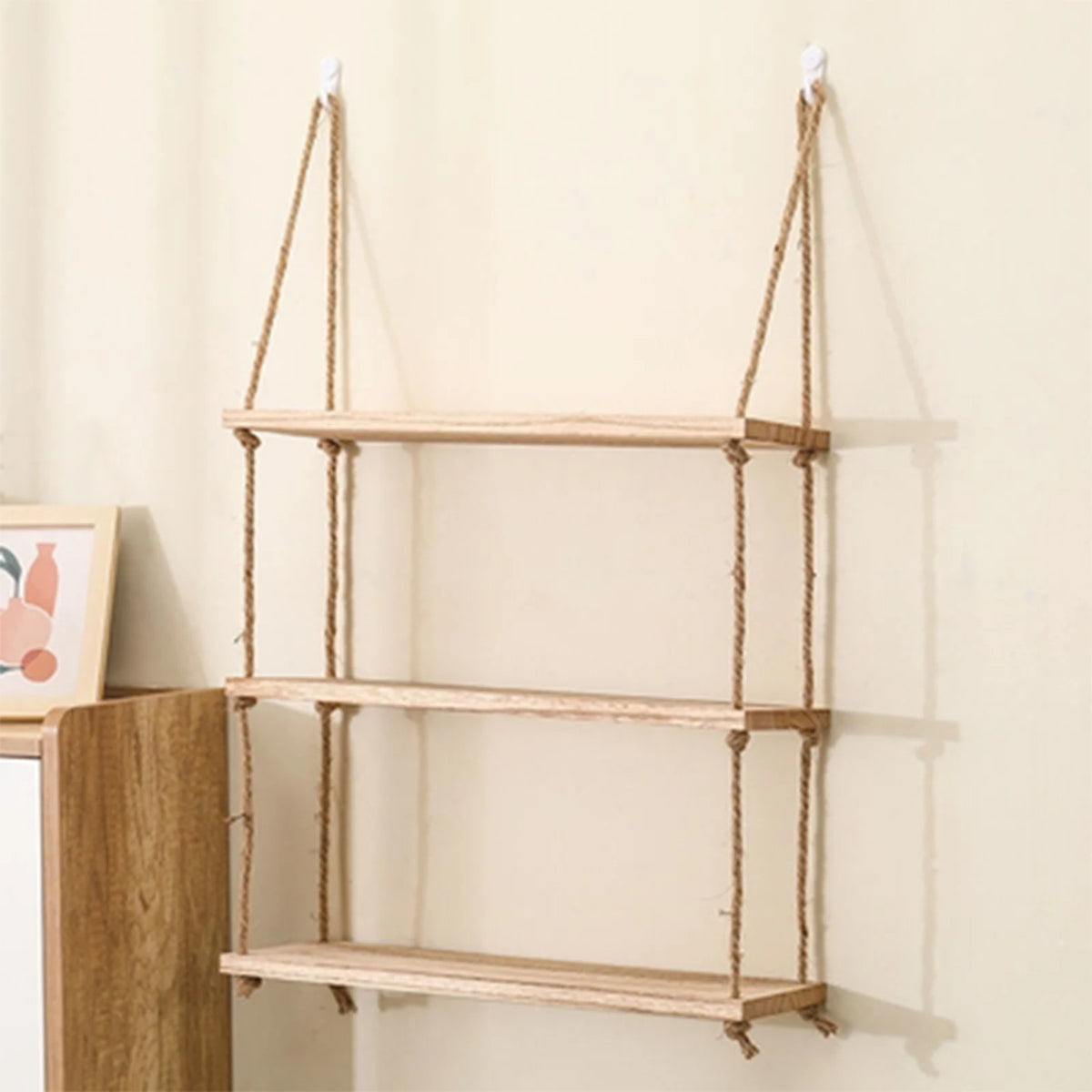 étagère suspendue bois naturel rustique boho chic corde nouée salle bain chambre