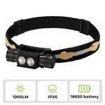 lampe frontale rechargeable led 1000 lumens 180 ajustable camping randonnée étanche ipx4 bandes or