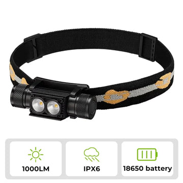 lampe frontale rechargeable led 1000 lumens 180 ajustable camping randonnée étanche ipx4 bandes or