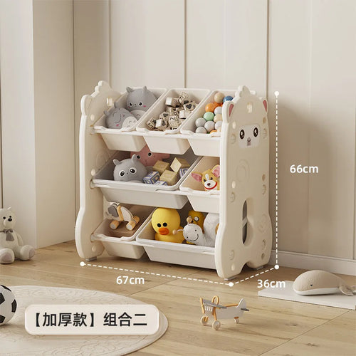 étagère rangement enfant bacs amovibles blanc crème gris jaune vif motif animalier ludique