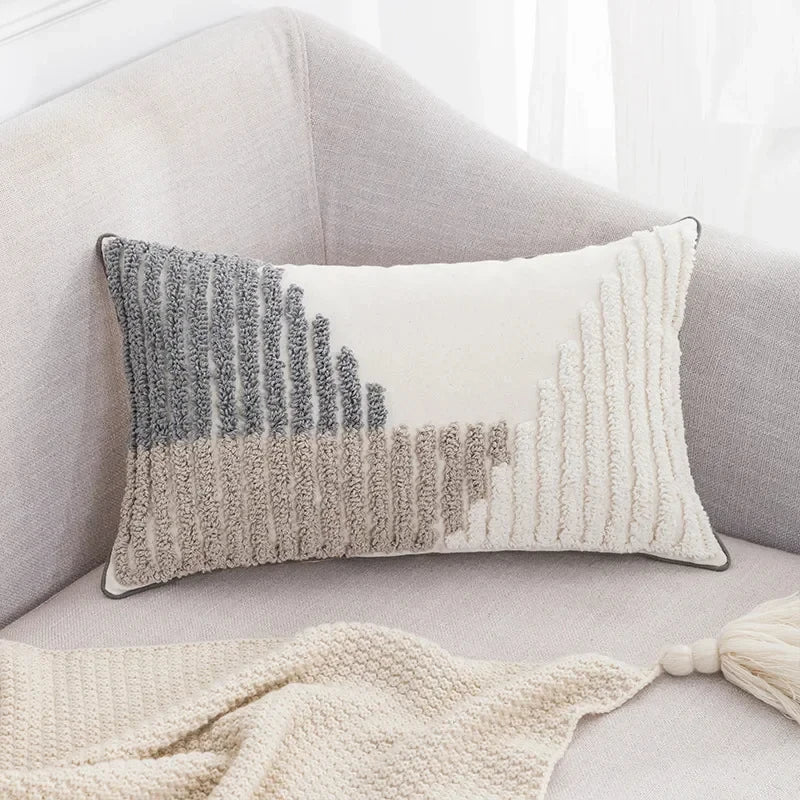coussin géométrique moderne polyester gris beige amovible lavable contemporain decoration interieur tufter boheme