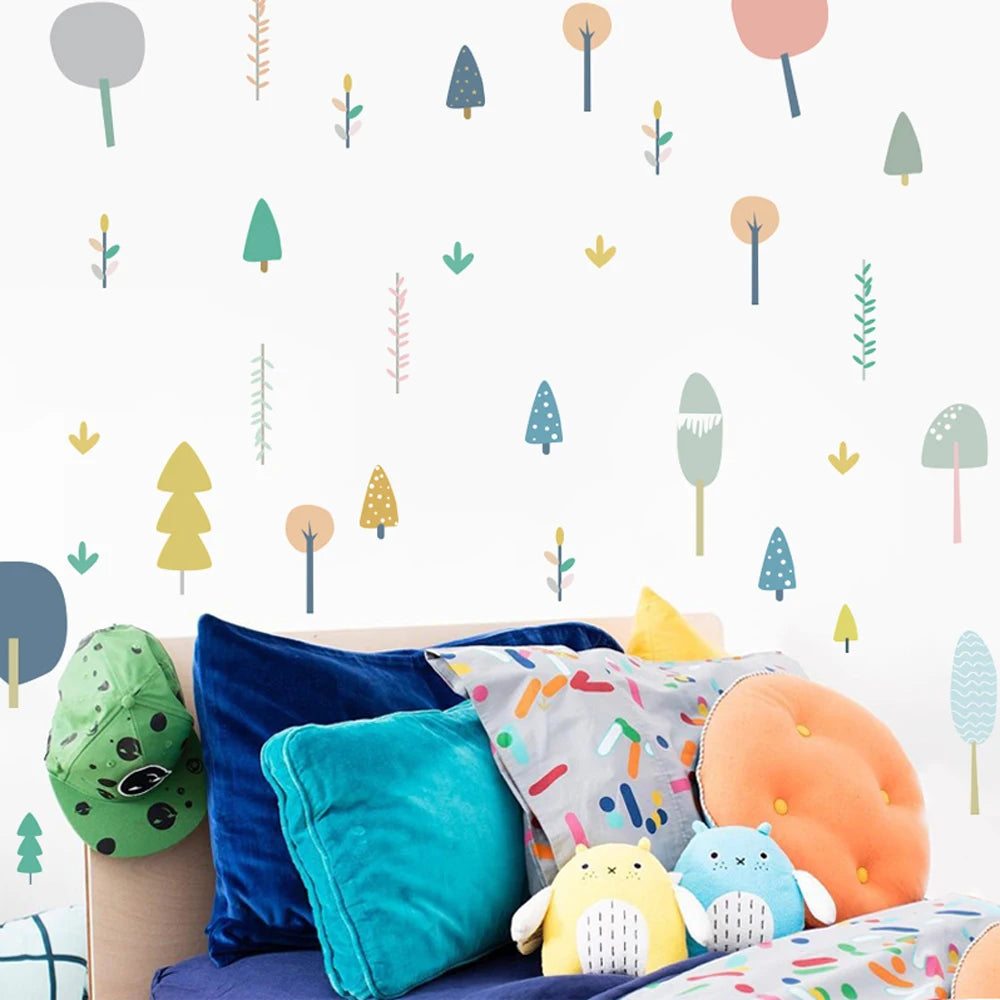 sticker mural décoration enfant arbre feuilles graphique nordique chambre vert jaune rose bleu gris