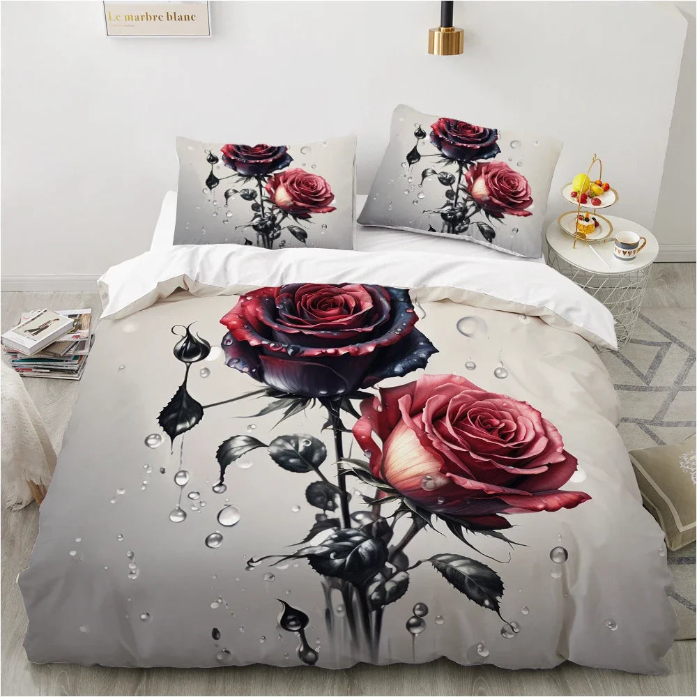 Housse de couette florale 3D rose rouge sur lit king size