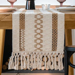 tableau lin chemin table géométrique franges rustique bohème beige blanc