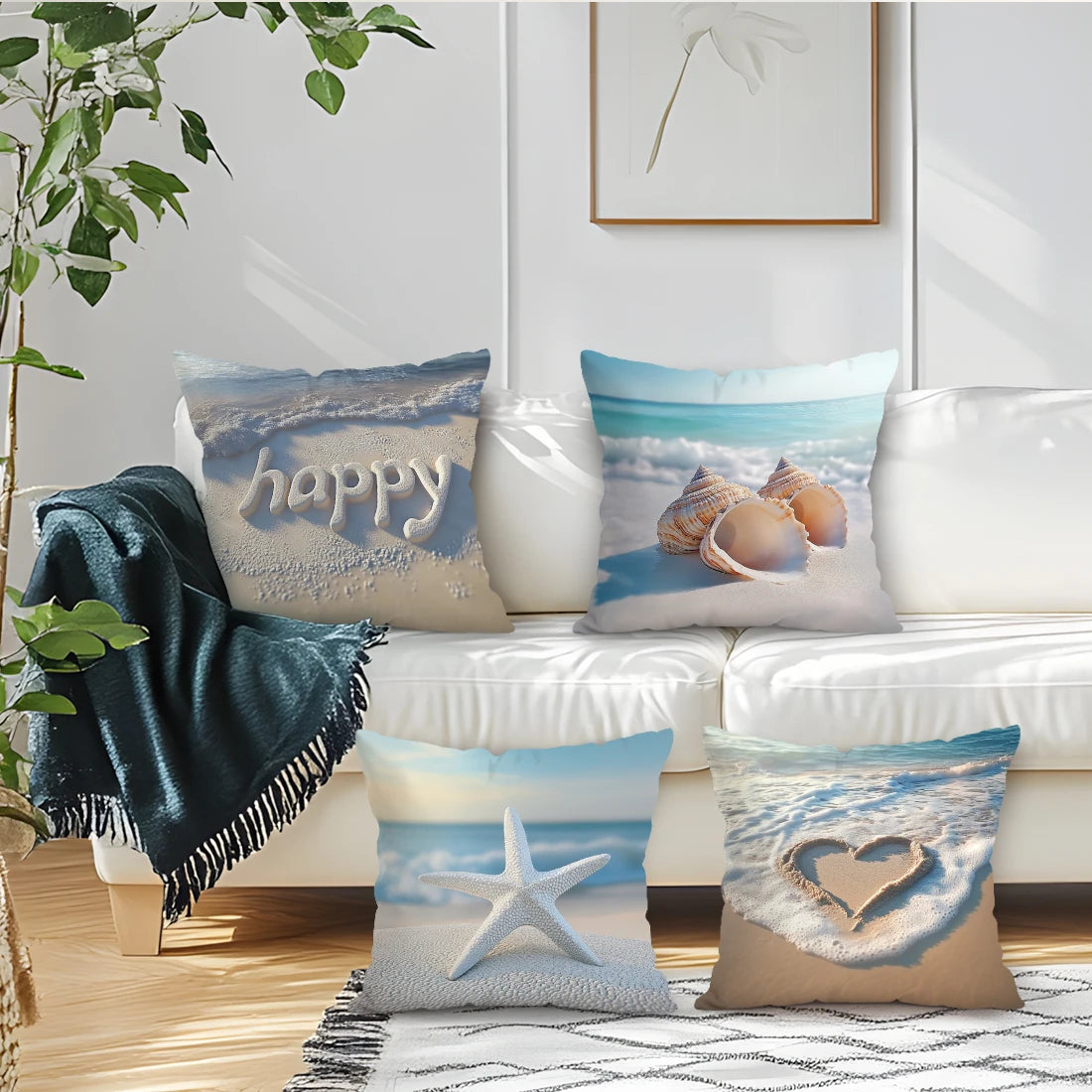housse coussin plage polyester lettre happy coquillages moderne 40cm 45cm 50cm set decoration chambre