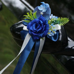 décorations florales voiture mariage roses orchidées rubans satinés rétroviseur bleu rose rouge blanc