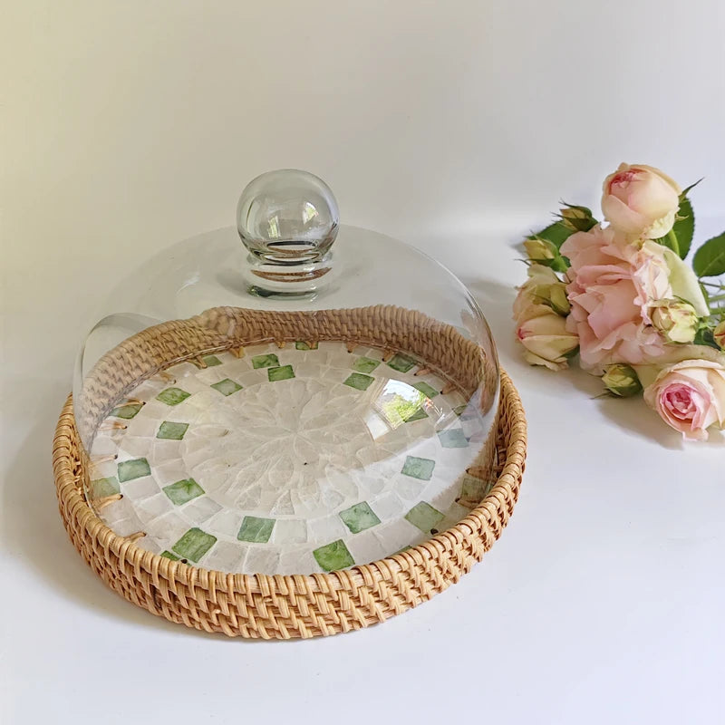 plateau rond corde tressée couvercle verre mosaïque décoratif boho chic rangement cuisine salle manger