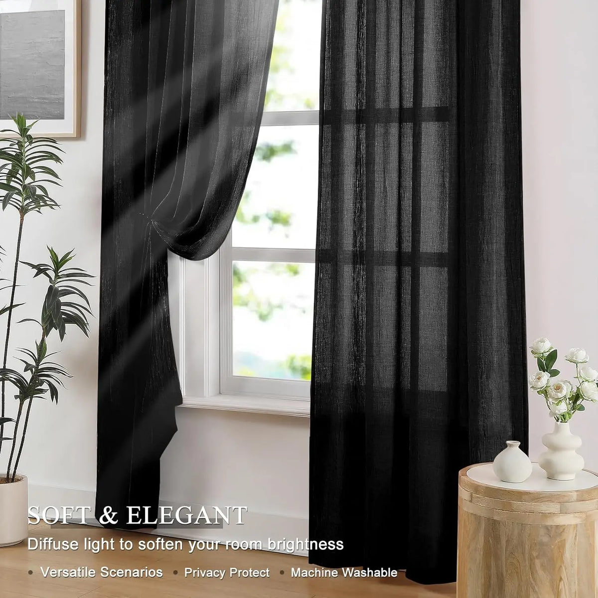 rideaux noir semi transparents texturés moderne minimaliste passe tringle chambre salon